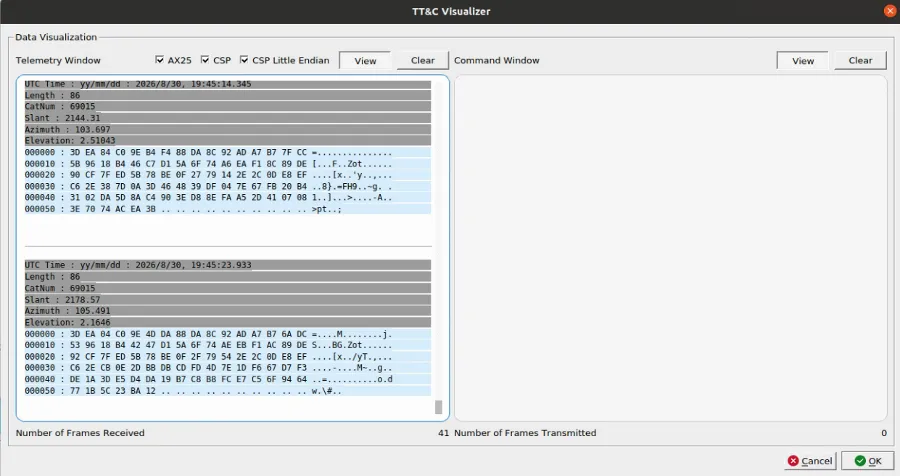 Expedite TT&C Visualizer showing decoded AX.25/CSP telemetry frames from FrontierSat