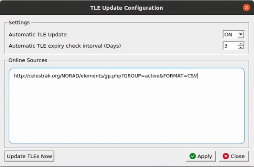 Expedite TLE Update Configuration: automatic TLE update enabled with CelesTrak as the online source