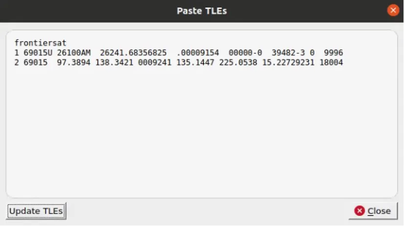 Expedite Paste TLEs dialog with FrontierSat's two-line element set entered manually