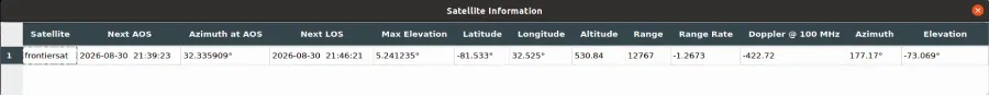 Expedite Satellite Information panel showing computed pass parameters for FrontierSat
