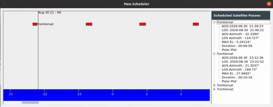 Expedite Pass Scheduler showing several scheduled FrontierSat passes