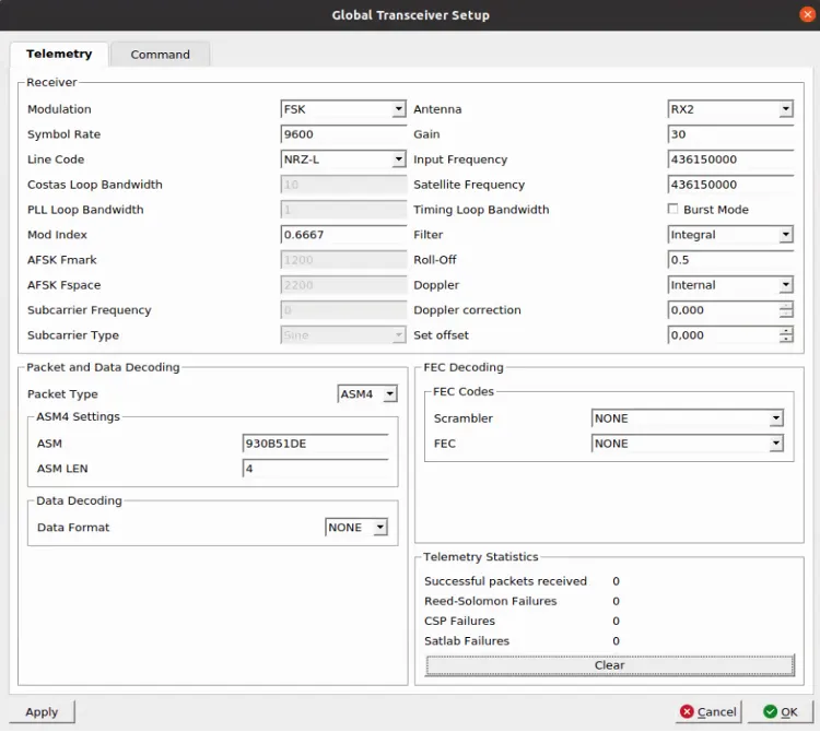 Expedite Global Transceiver Setup: FSK modulation, 9600 sps, ASM4 packet type, internal Doppler correction