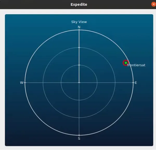 Expedite Sky View polar plot showing FrontierSat's position during the pass