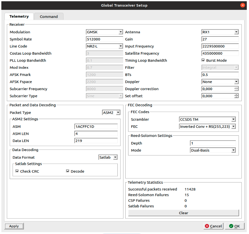 Expedite receiver configuration for the SRS-3 downlink: GMSK at 512 ksps, CCSDS TM scrambler, Inverted Conv + RS(255,223), ASM 1ACFFC1D, Satlab data format -- 11,428 packets received, 15 RS corrections, 0 CSP/Satlab failures