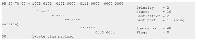 Underneath all the coding, the command we sent is a single CSP ping to node 21. A CSP v1 header is 32 bits, laid out MSB first: Priority(2), Source(5), Destination(5), Dest port(6), Source port(6), Flags(8). The ping frame 95 50 70 00 00 decodes as follows: