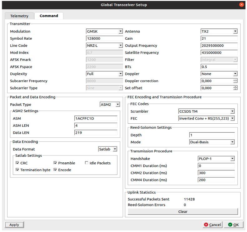 Expedite transmitter configuration for the SRS-3 uplink: GMSK at 128 ksps, Satlab data format with CRC, preamble and termination byte, PLOP-1 handshake with CMM2 = 3000 ms and CMM4 = 2000 ms