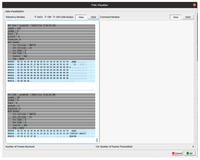 Expedite TT&C Visualizer showing decoded TigriSat AX.25 frames received at Melderstein: source callsign HNATIG, destination CQ, with the TIGRISAT ABACUS BEACON identification string visible in the second frame. 126 frames received total.